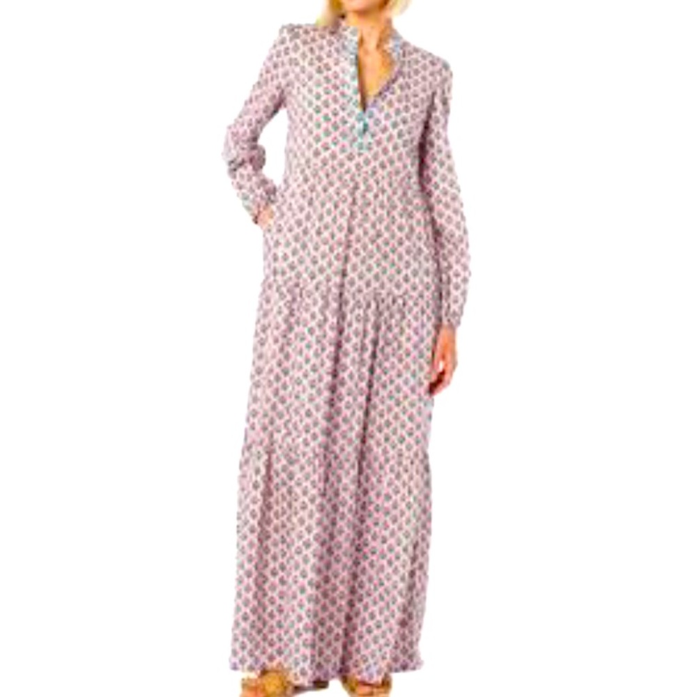 Saint Barth Nadja Maxi Dress Small Pink 100% Cotton Floral Long Sleeve Vacation